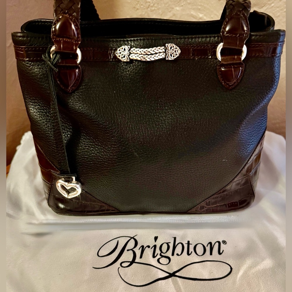 Brighton Black and Brown Women's Bag Accented with Croc Embossed Patent Leather